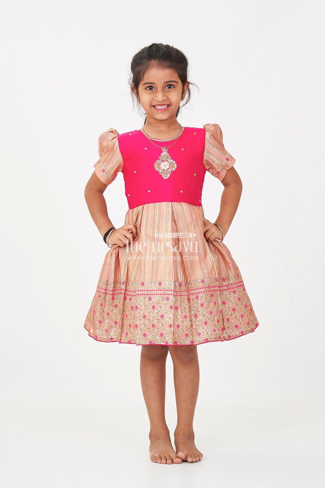 Red Frocks for Girls with Gold Tissue Silk Skirt and Heavy Embellished Floral Yoke for Grand Events