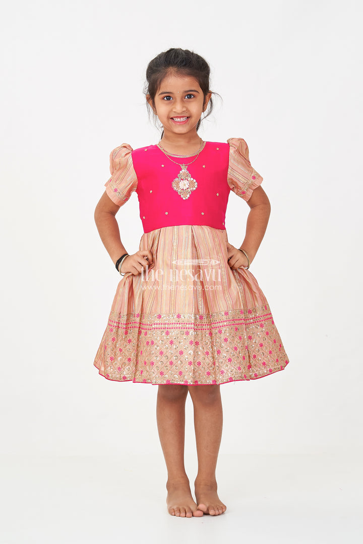Red Frocks for Girls with Gold Tissue Silk Skirt and Heavy Embellished Floral Yoke for Grand Events