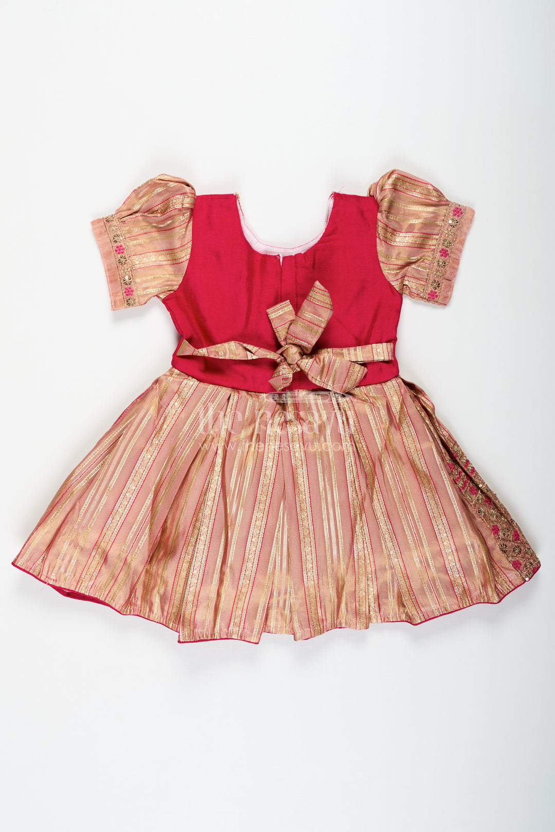 Red Frocks for Girls with Gold Tissue Silk Skirt and Heavy Embellished Floral Yoke for Grand Events