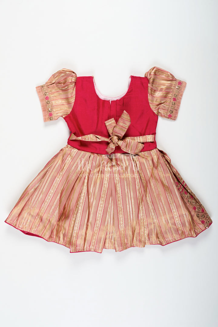 Red Frocks for Girls with Gold Tissue Silk Skirt and Heavy Embellished Floral Yoke for Grand Events