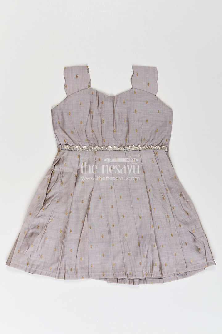 Girls Viscose Silk Frock in Elegant Grey with Pleated Skirt and Waist Embellishment in Plain Color Frock Style