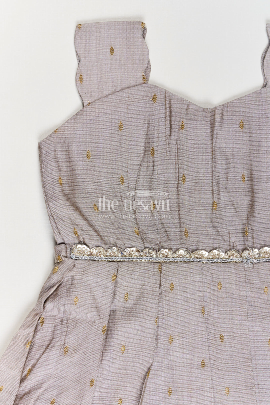 Girls Viscose Silk Frock in Elegant Grey with Pleated Skirt and Waist Embellishment in Plain Color Frock Style