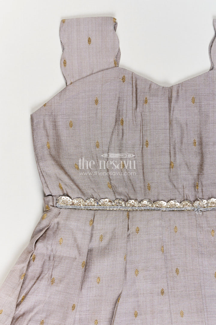 Girls Viscose Silk Frock in Elegant Grey with Pleated Skirt and Waist Embellishment in Plain Color Frock Style