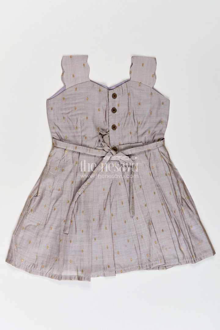 Girls Viscose Silk Frock in Elegant Grey with Pleated Skirt and Waist Embellishment in Plain Color Frock Style