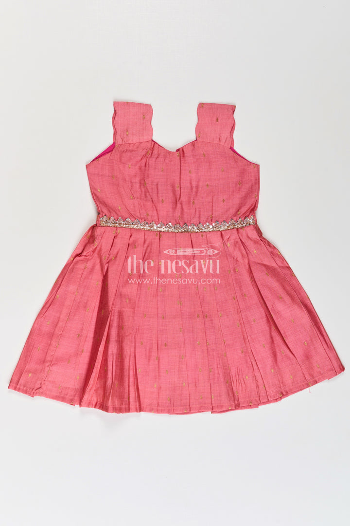 Girls Viscose Silk Frock in Rosy Pink with Embellished Waist and Box Pleats in Cute Pink Frock Style