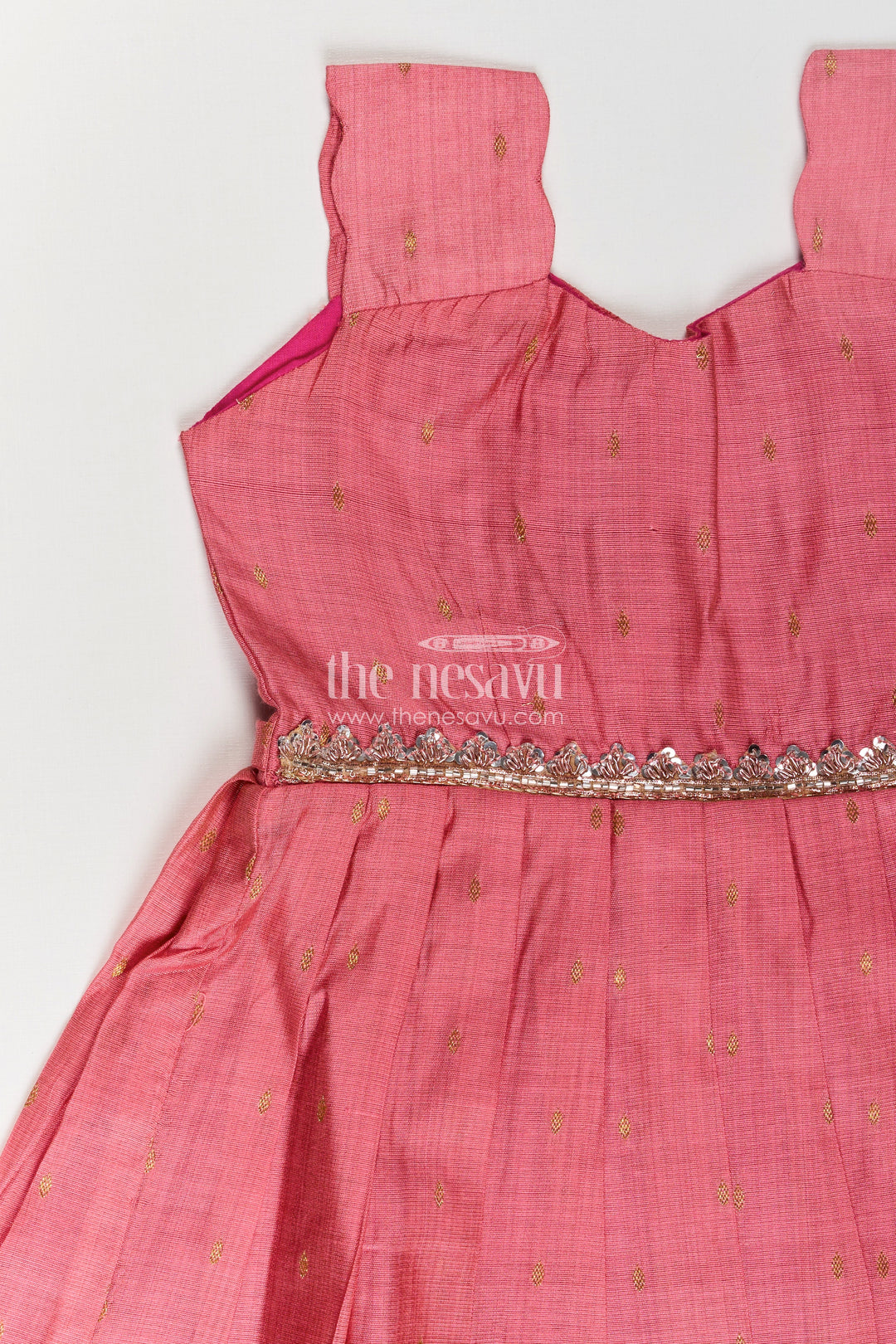 Girls Viscose Silk Frock in Rosy Pink with Embellished Waist and Box Pleats in Cute Pink Frock Style