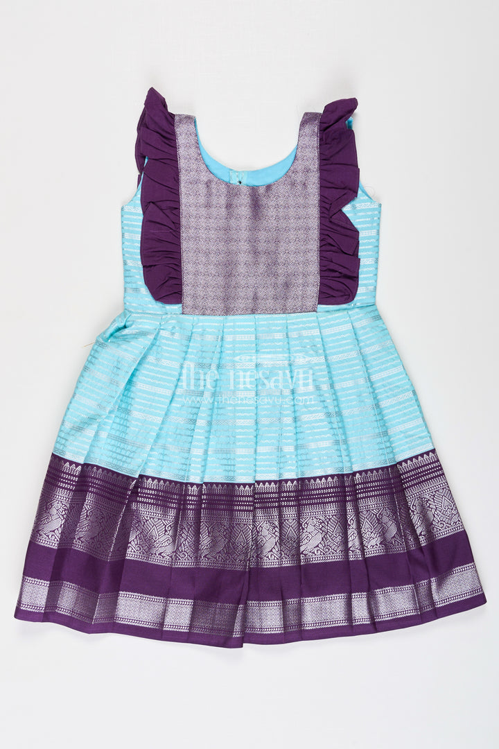 Girls Semi Kanchivaram Silk Frock with Layered Puff Sleeves and Contrast Borders in pleated dress Style