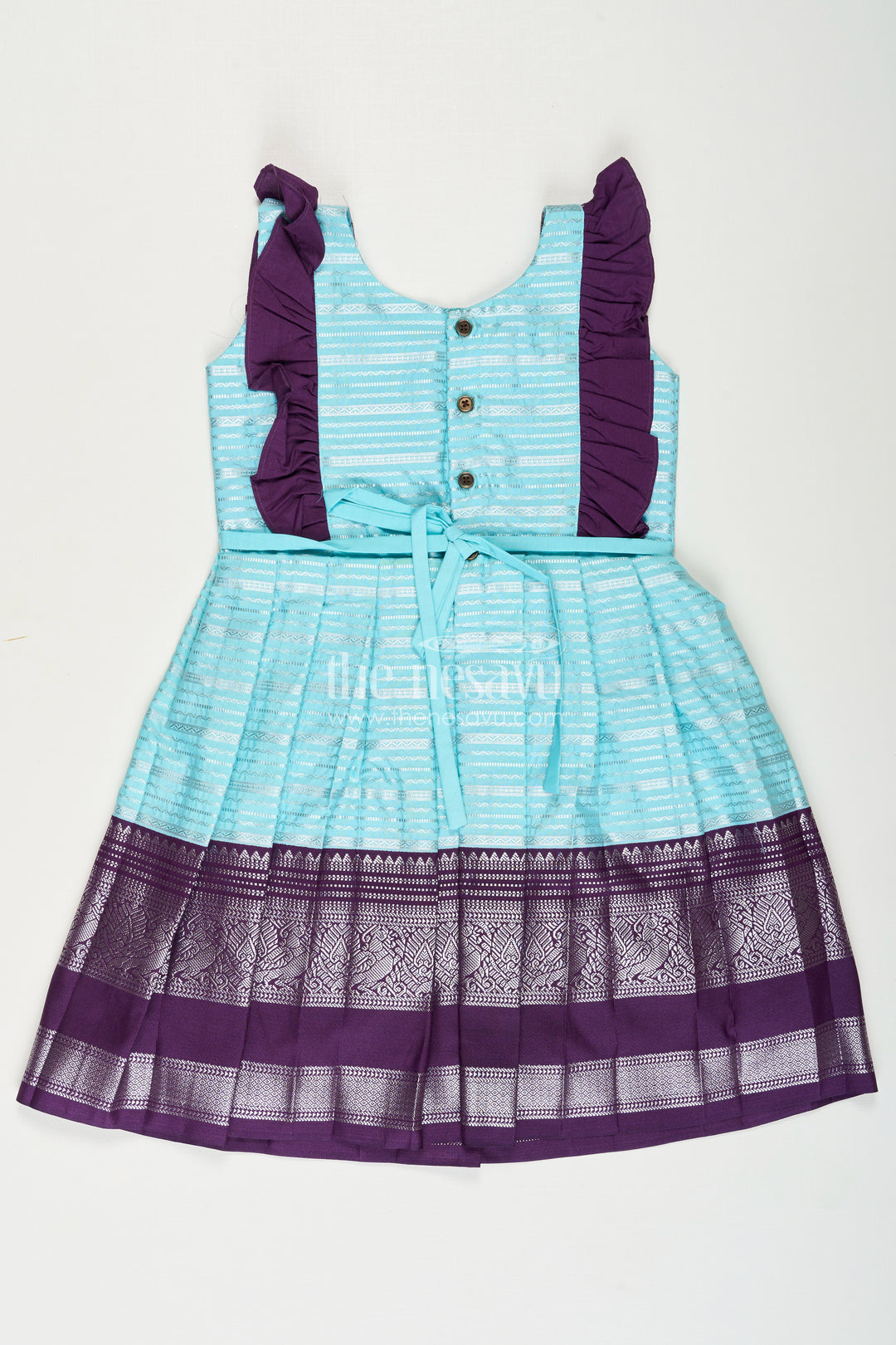 Girls Semi Kanchivaram Silk Frock with Layered Puff Sleeves and Contrast Borders in pleated dress Style