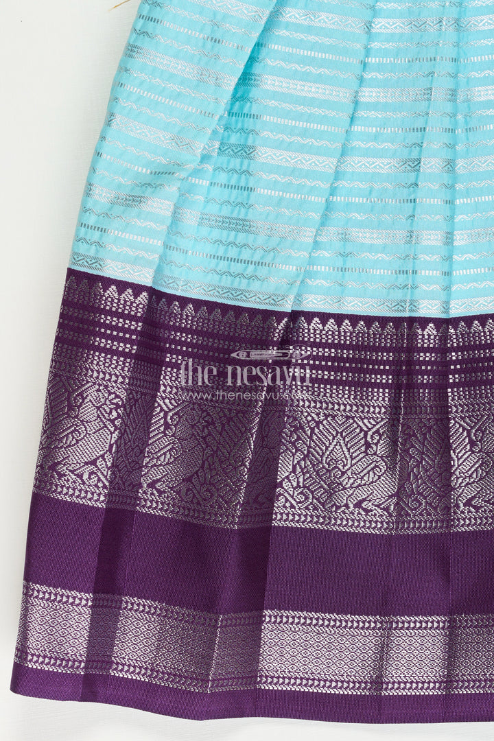 Girls Semi Kanchivaram Silk Frock with Layered Puff Sleeves and Contrast Borders in pleated dress Style