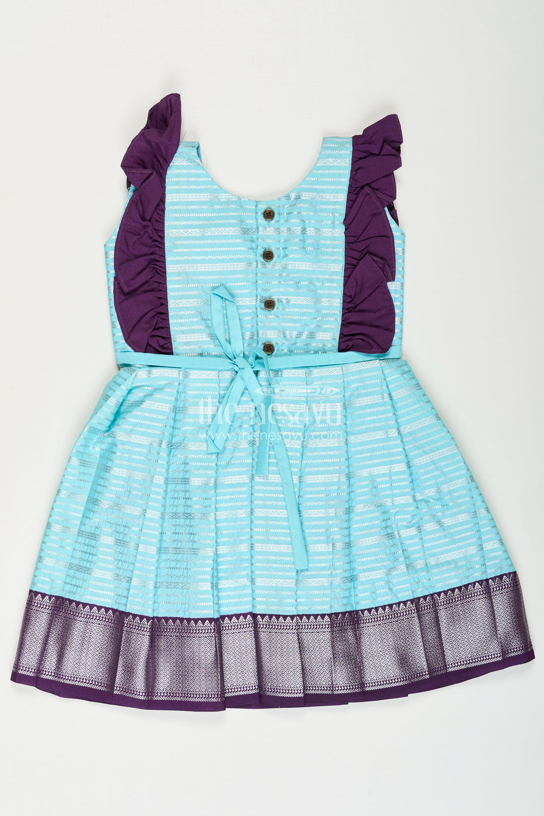 Girls Semi Kanchivaram Silk Frock with Layered Puff Sleeves and Contrast Borders in pleated dress Style