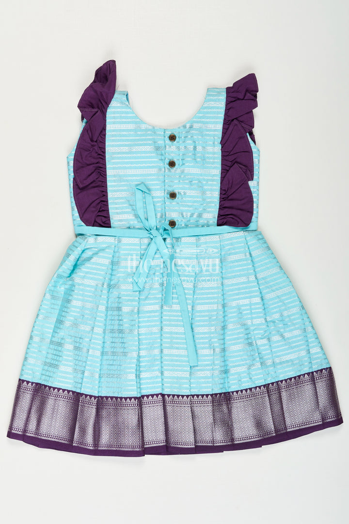 Girls Semi Kanchivaram Silk Frock with Layered Puff Sleeves and Contrast Borders in pleated dress Style