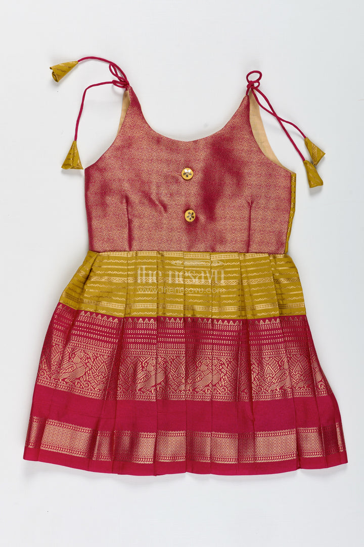 Traditional Tie-Up Frock For Baby Girls In Mustard And Pink Perfect For Weddings