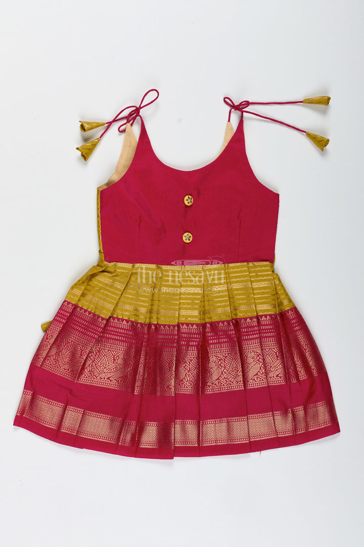 Traditional Tie-Up Frock For Baby Girls In Mustard And Pink Perfect For Weddings