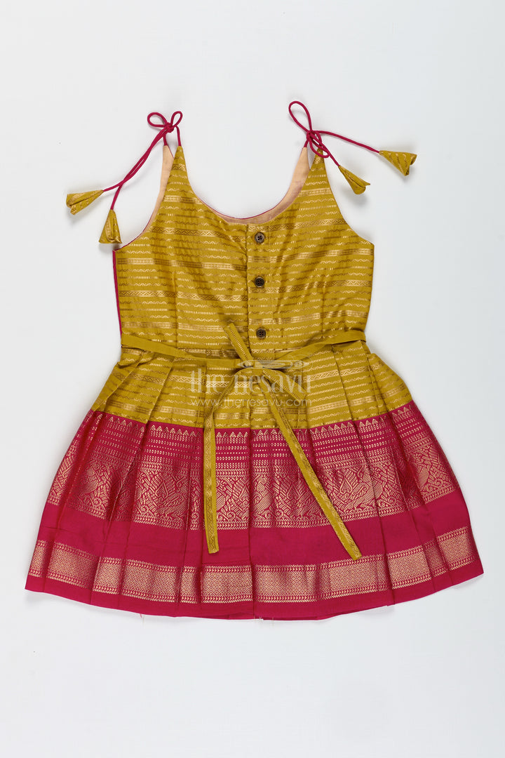 Traditional Tie-Up Frock For Baby Girls In Mustard And Pink Perfect For Weddings