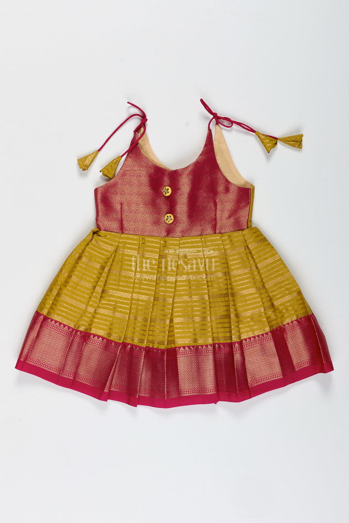 Traditional Tie-Up Frock For Baby Girls In Mustard And Pink Perfect For Weddings