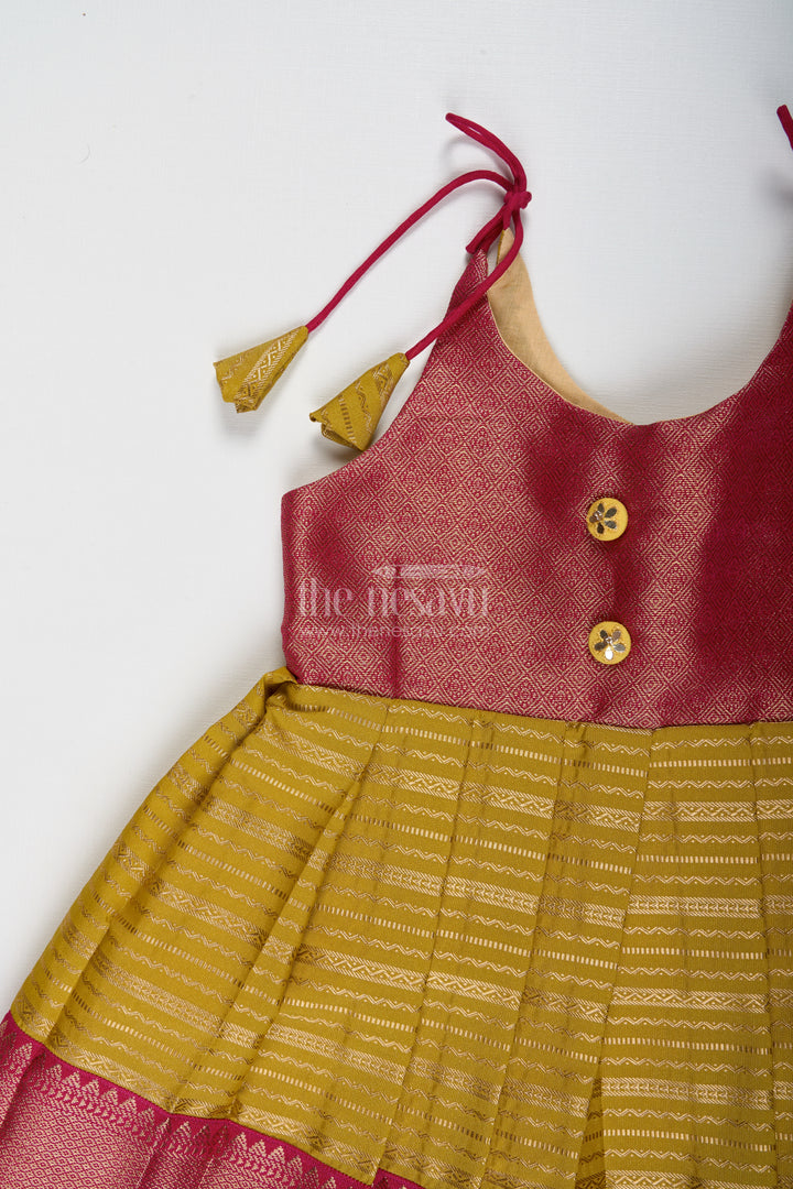 Traditional Tie-Up Frock For Baby Girls In Mustard And Pink Perfect For Weddings