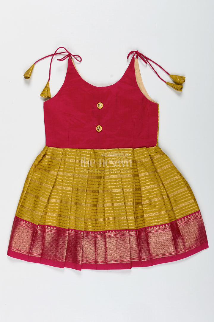 Traditional Tie-Up Frock For Baby Girls In Mustard And Pink Perfect For Weddings