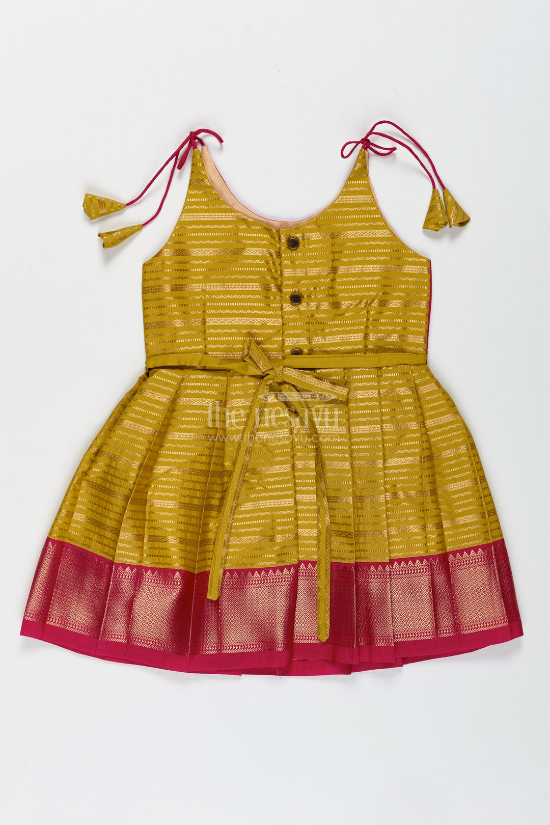 Traditional Tie-Up Frock For Baby Girls In Mustard And Pink Perfect For Weddings