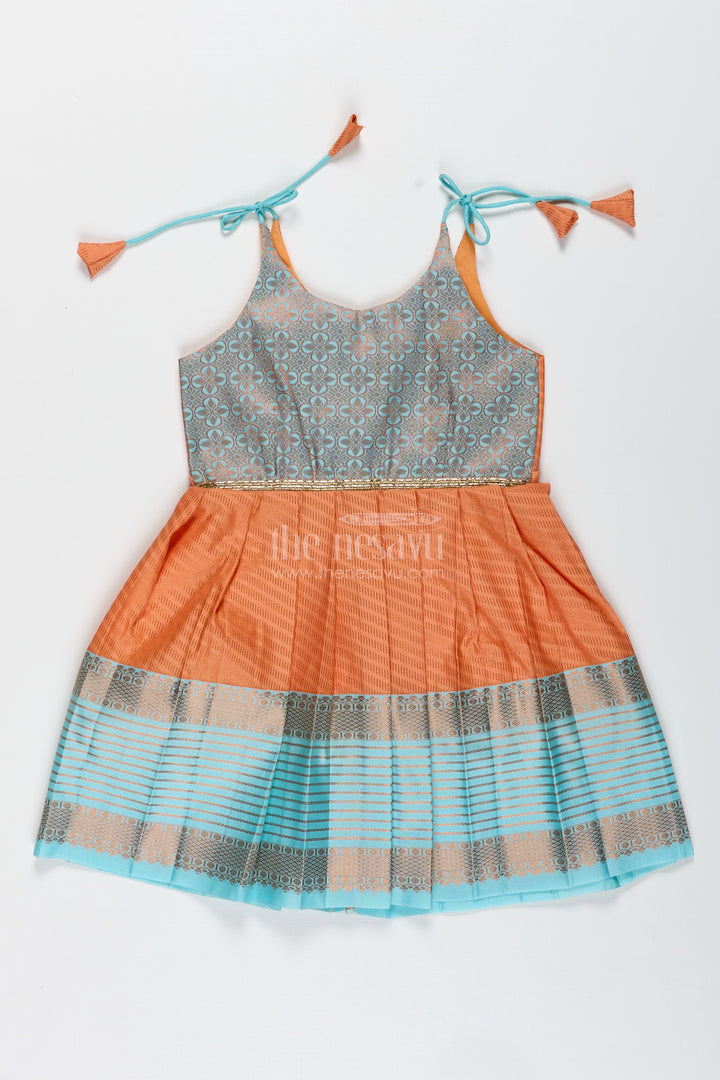 Girls Semi Kanchipuram Silk Tie-Up Frock In Grey-Orange Festive Traditional Wear
