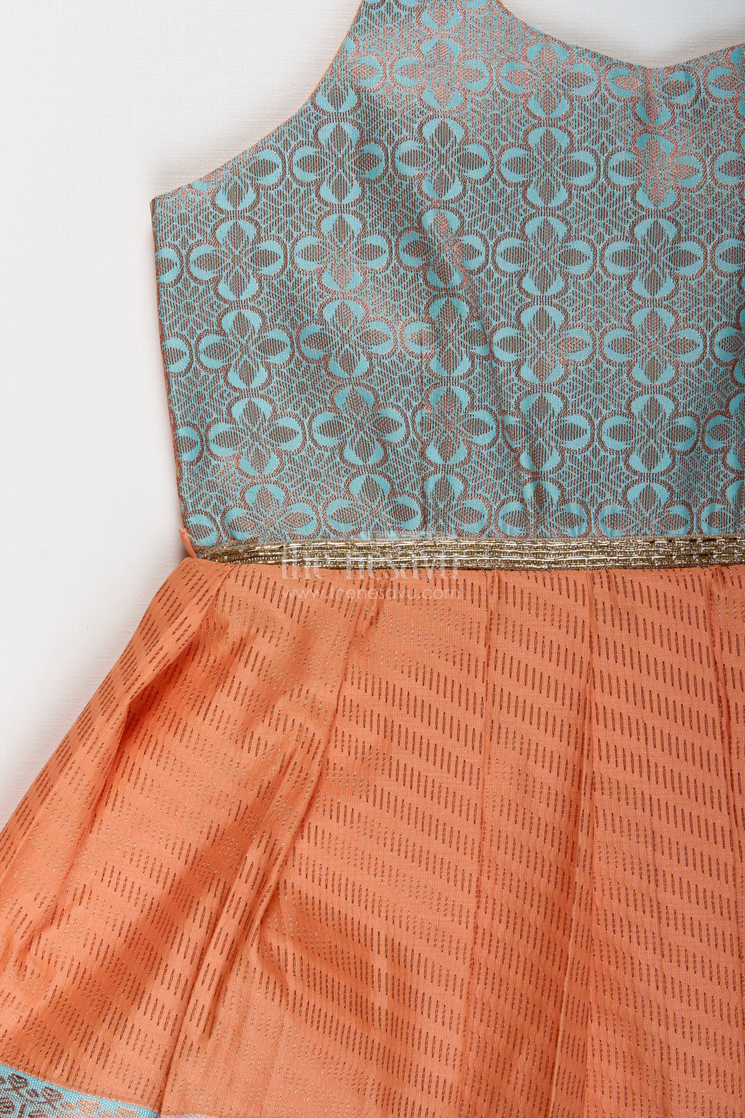 Girls Semi Kanchipuram Silk Tie-Up Frock In Grey-Orange Festive Traditional Wear