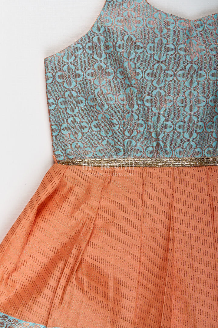 Girls Semi Kanchipuram Silk Tie-Up Frock In Grey-Orange Festive Traditional Wear