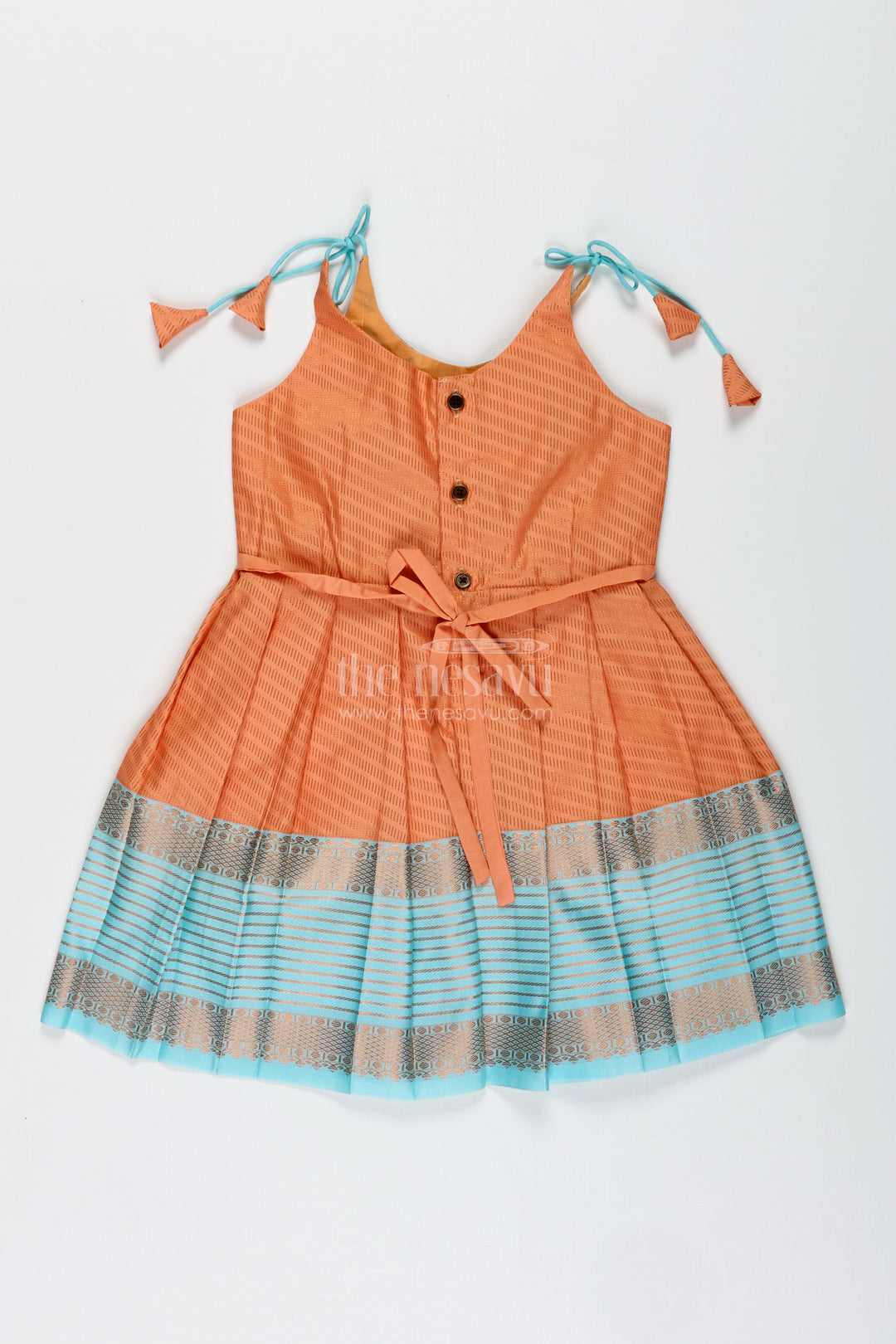 Girls Semi Kanchipuram Silk Tie-Up Frock In Grey-Orange Festive Traditional Wear