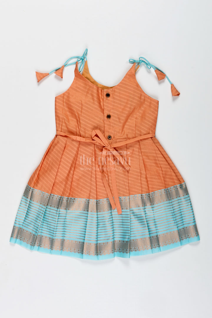 Girls Semi Kanchipuram Silk Tie-Up Frock In Grey-Orange Festive Traditional Wear