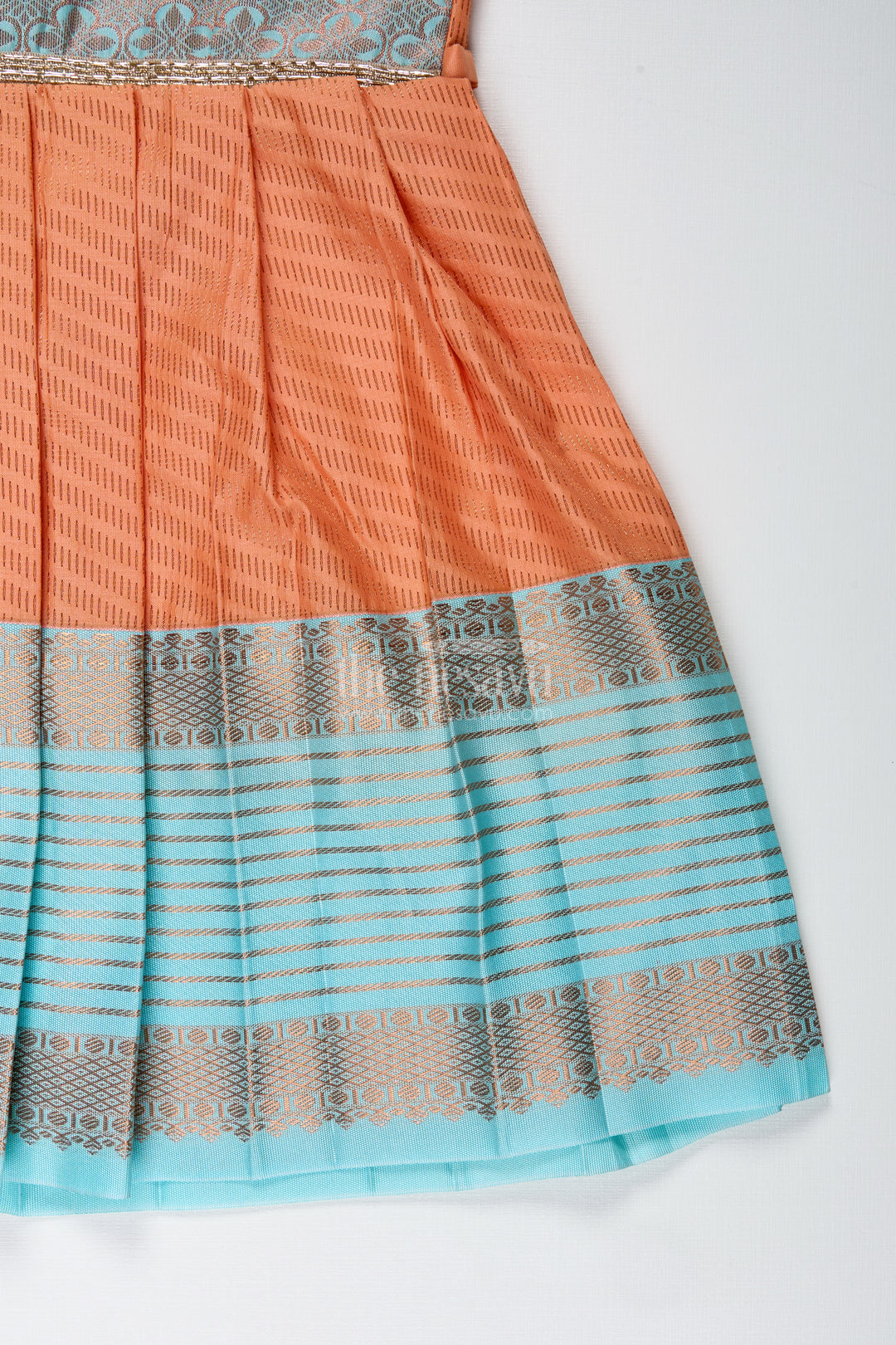 Girls Semi Kanchipuram Silk Tie-Up Frock In Grey-Orange Festive Traditional Wear