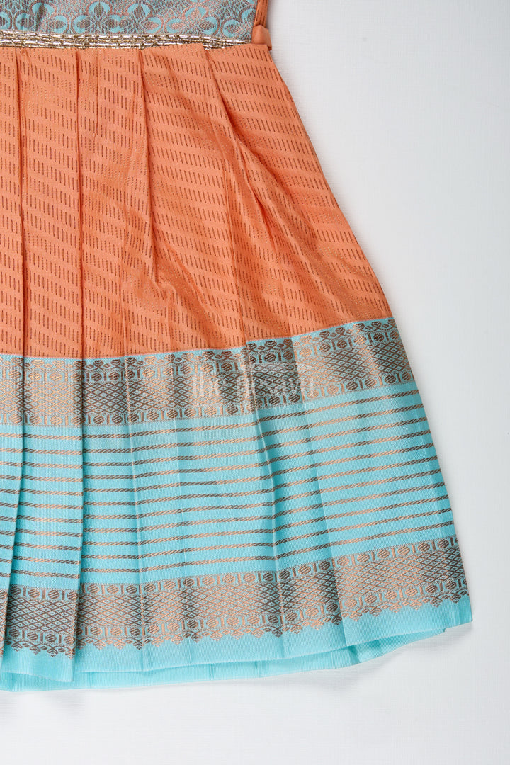 Girls Semi Kanchipuram Silk Tie-Up Frock In Grey-Orange Festive Traditional Wear
