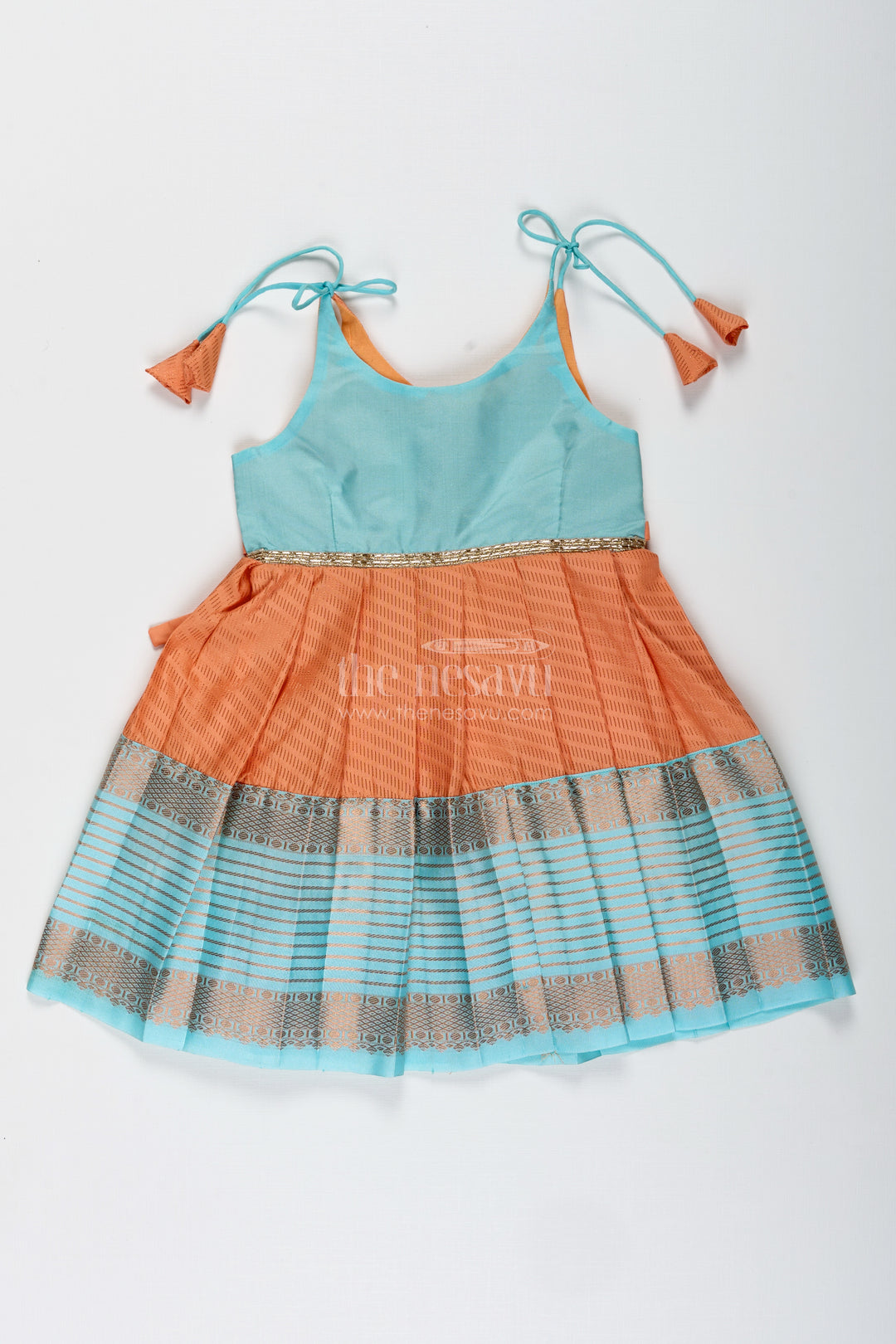 Girls Semi Kanchipuram Silk Tie-Up Frock In Grey-Orange Festive Traditional Wear