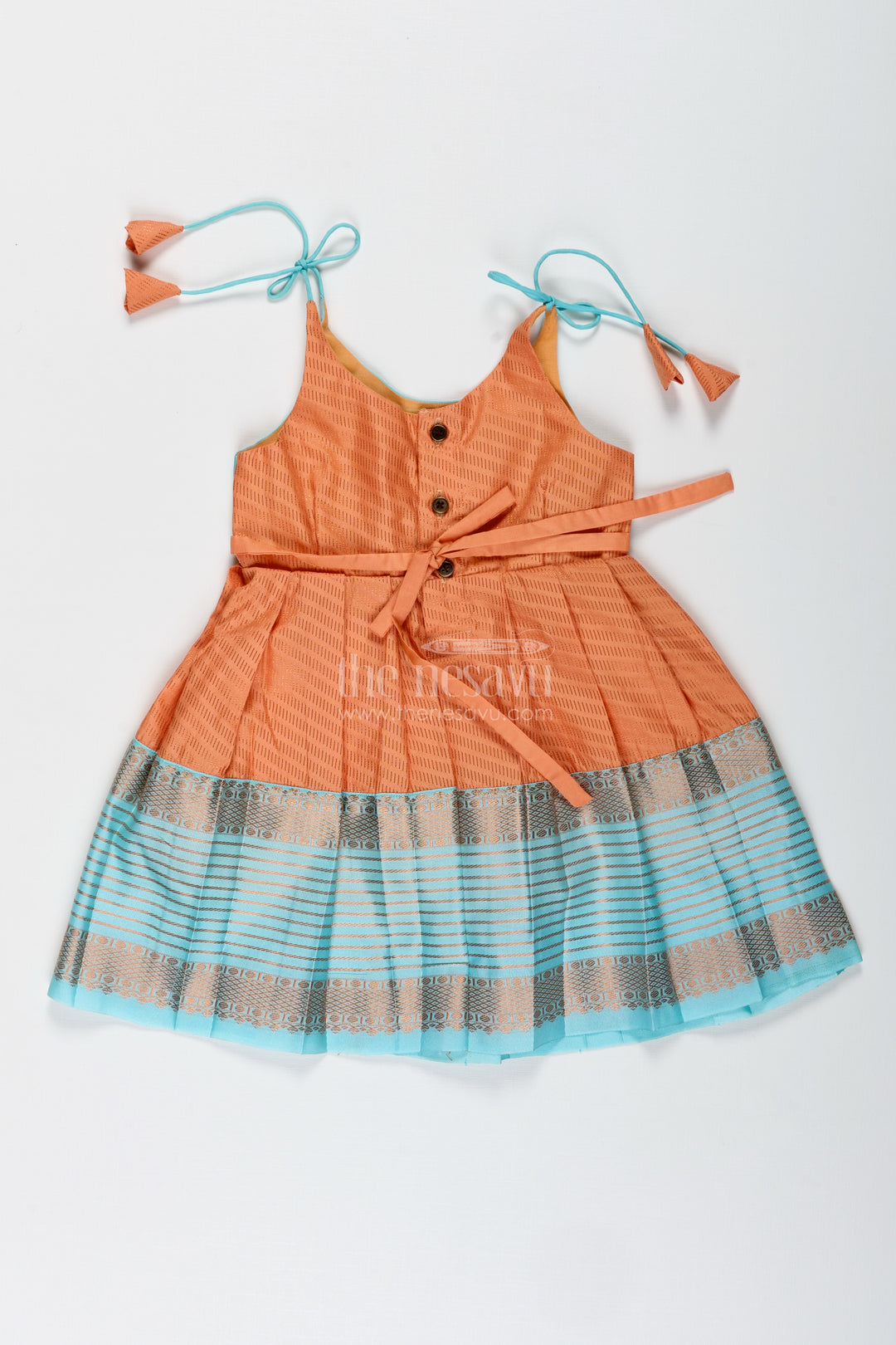 Girls Semi Kanchipuram Silk Tie-Up Frock In Grey-Orange Festive Traditional Wear