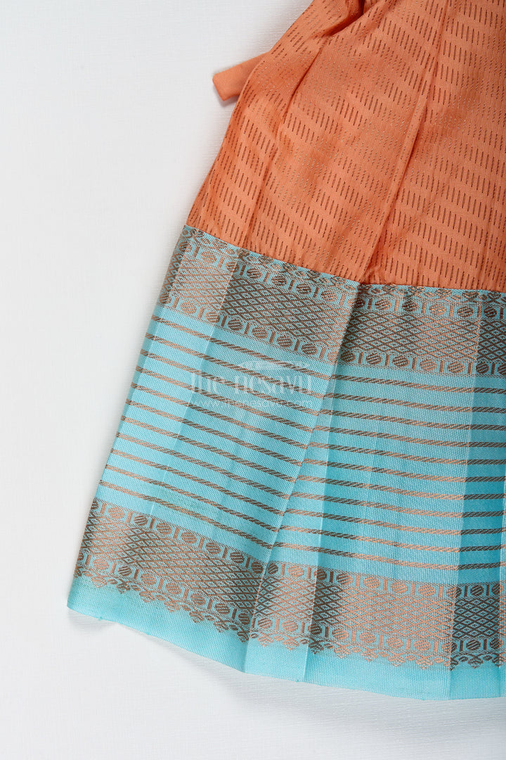Girls Semi Kanchipuram Silk Tie-Up Frock In Grey-Orange Festive Traditional Wear