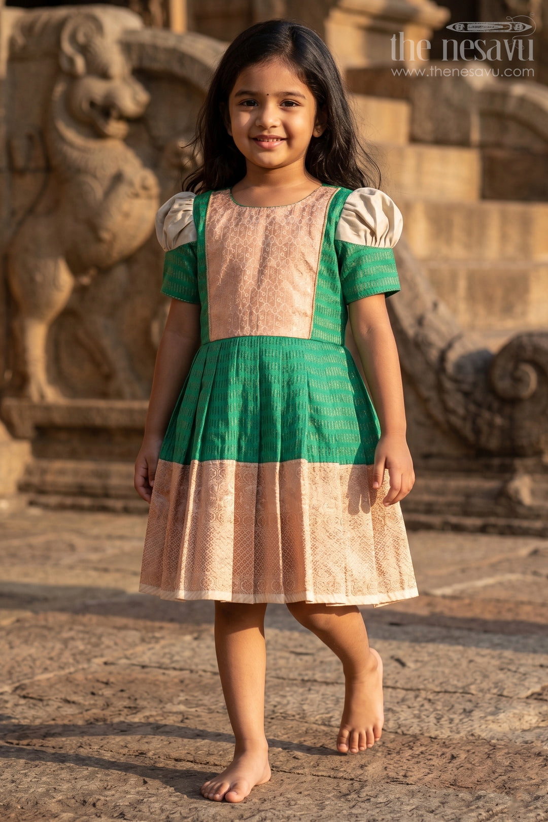 Girls Semi Kanchivaram Silk Frock with Puff Sleeves and Golden Zari Weave in Silk Green Design