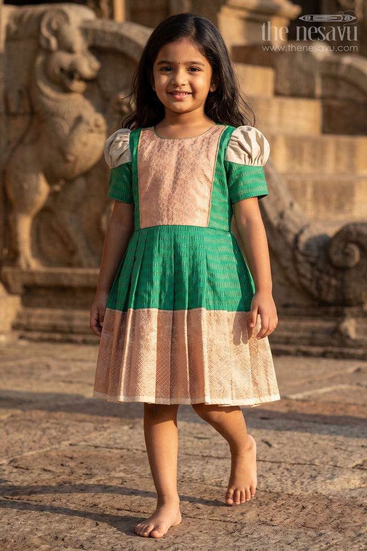 Girls Semi Kanchivaram Silk Frock with Puff Sleeves and Golden Zari Weave in Silk Green Design