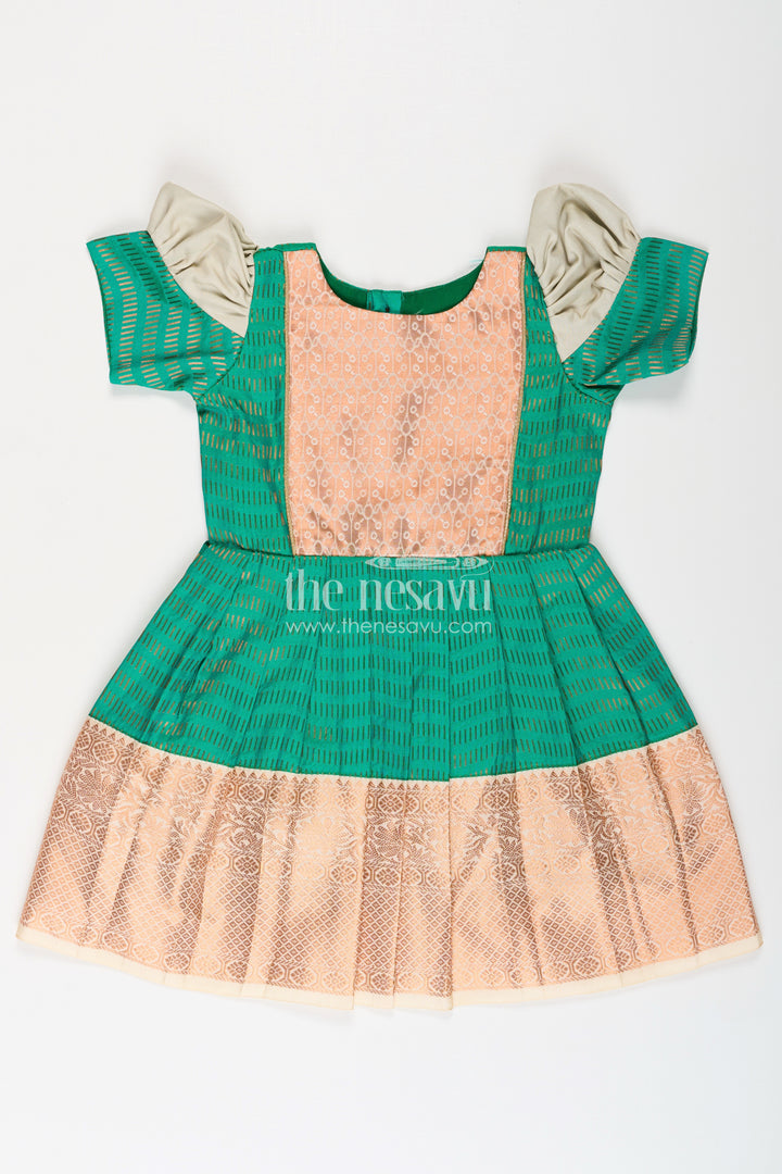 Girls Semi Kanchivaram Silk Frock with Puff Sleeves and Golden Zari Weave in silk green Design