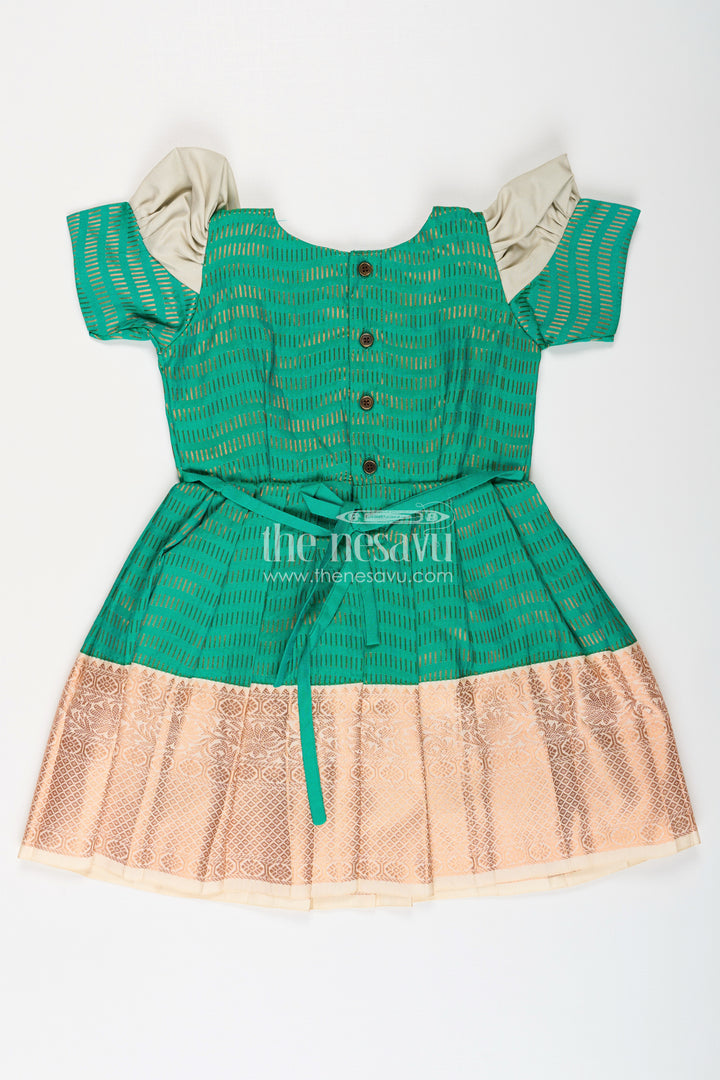 Girls Semi Kanchivaram Silk Frock with Puff Sleeves and Golden Zari Weave in silk green Design