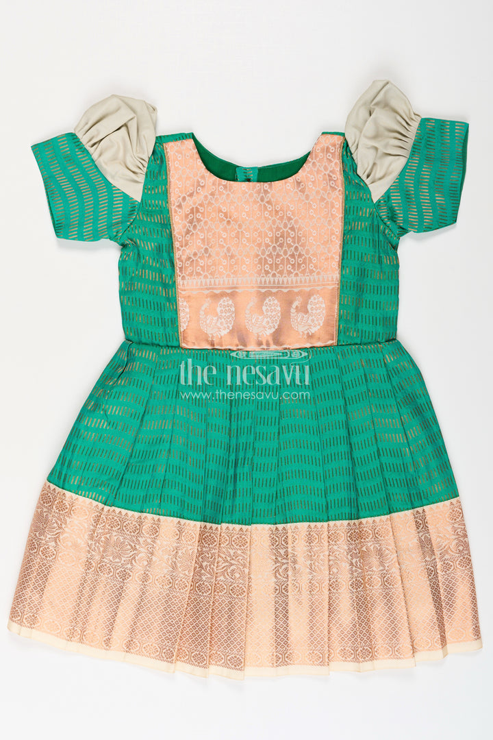 Girls Semi Kanchivaram Silk Frock with Puff Sleeves and Golden Zari Weave in silk green Design