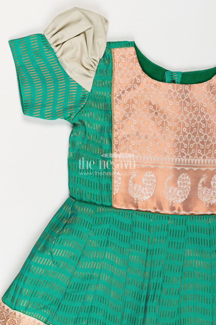 Girls Semi Kanchivaram Silk Frock with Puff Sleeves and Golden Zari Weave in silk green Design