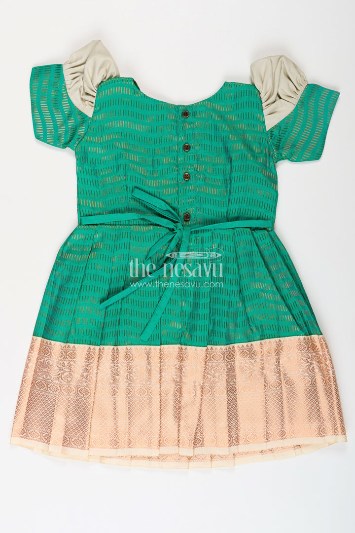 Girls Semi Kanchivaram Silk Frock with Puff Sleeves and Golden Zari Weave in silk green Design
