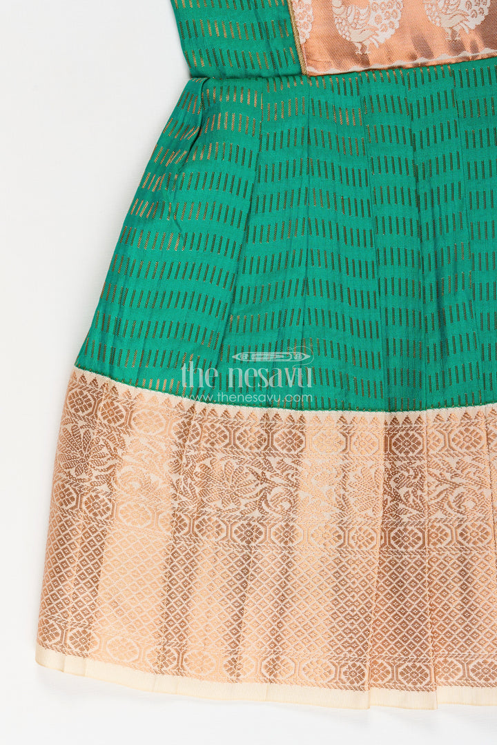 Girls Semi Kanchivaram Silk Frock with Puff Sleeves and Golden Zari Weave in silk green Design