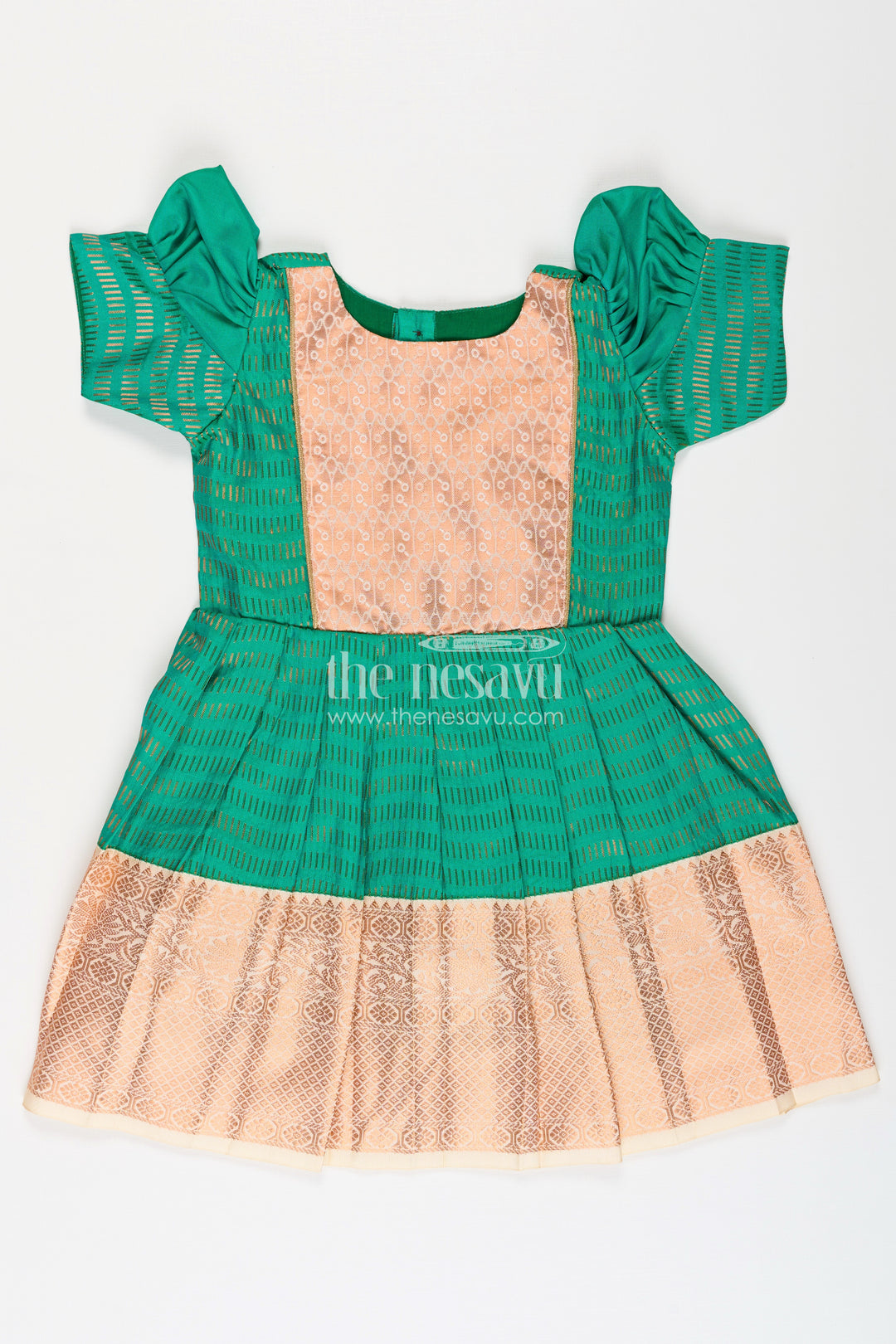 Girls Semi Kanchivaram Silk Frock with Puff Sleeves and Golden Zari Weave in silk green Design