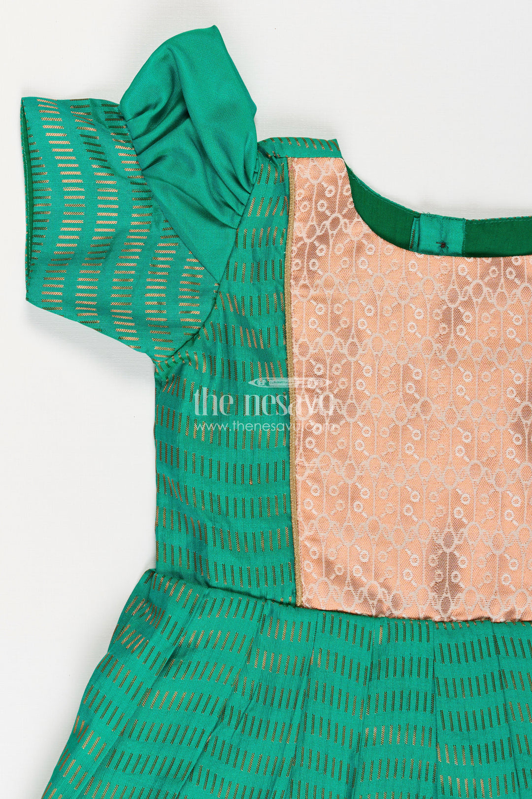 Girls Semi Kanchivaram Silk Frock with Puff Sleeves and Golden Zari Weave in silk green Design