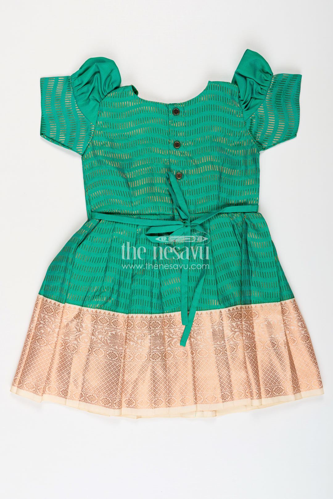 Girls Semi Kanchivaram Silk Frock with Puff Sleeves and Golden Zari Weave in silk green Design