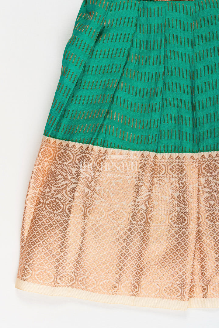 Girls Semi Kanchivaram Silk Frock with Puff Sleeves and Golden Zari Weave in silk green Design