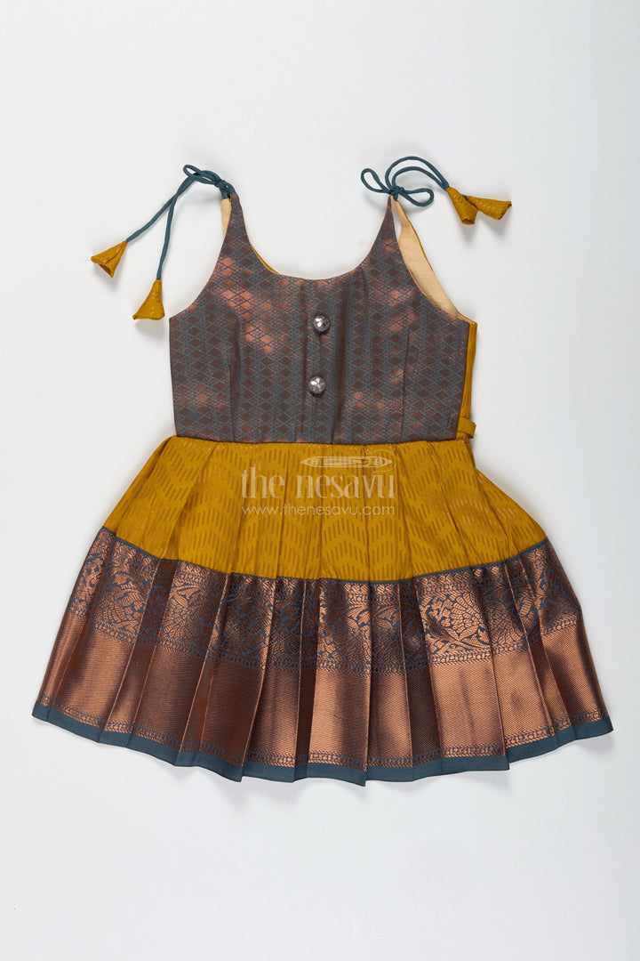 Girls Mustard And Brown Tie-Up Frock In Semi Kanchipuram Silk Ethnic Festive Wear