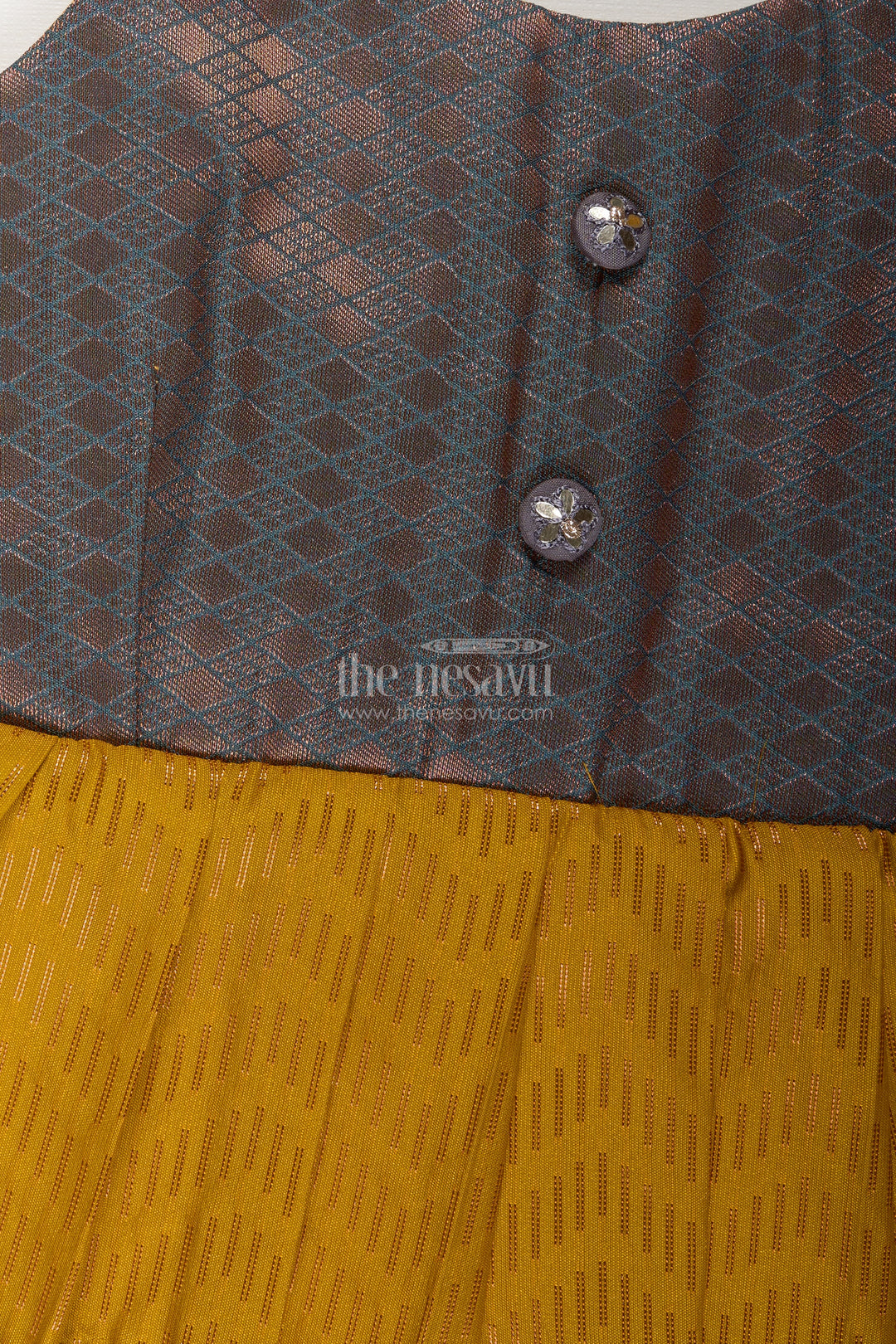 Girls Mustard And Brown Tie-Up Frock In Semi Kanchipuram Silk Ethnic Festive Wear