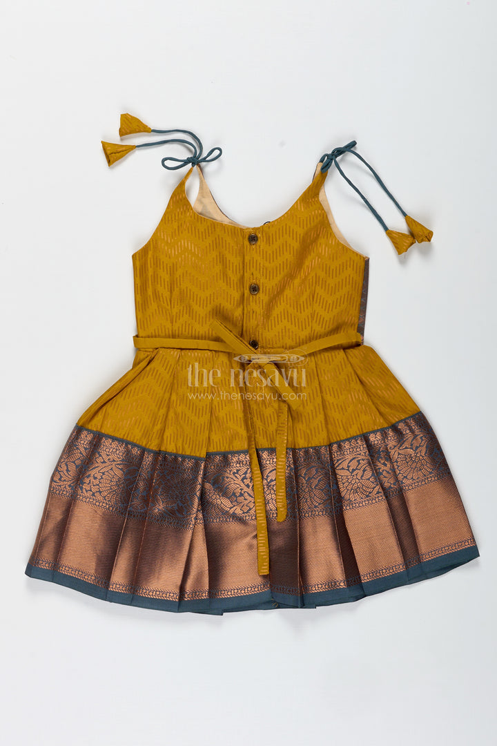 Girls Mustard And Brown Tie-Up Frock In Semi Kanchipuram Silk Ethnic Festive Wear