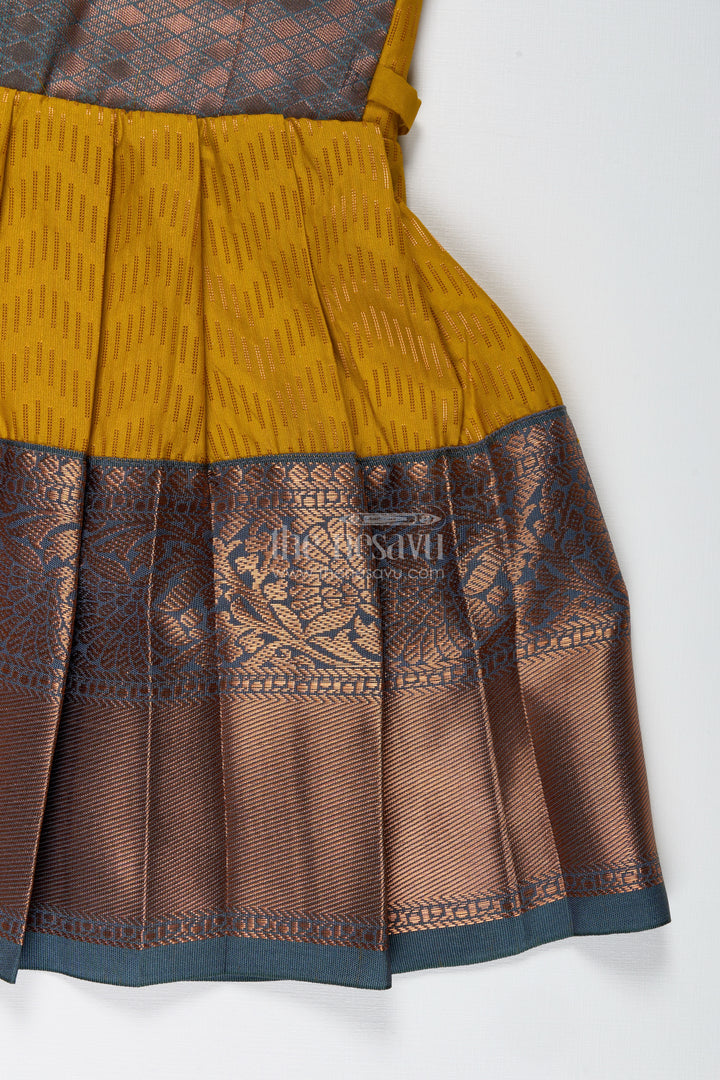 Girls Mustard And Brown Tie-Up Frock In Semi Kanchipuram Silk Ethnic Festive Wear