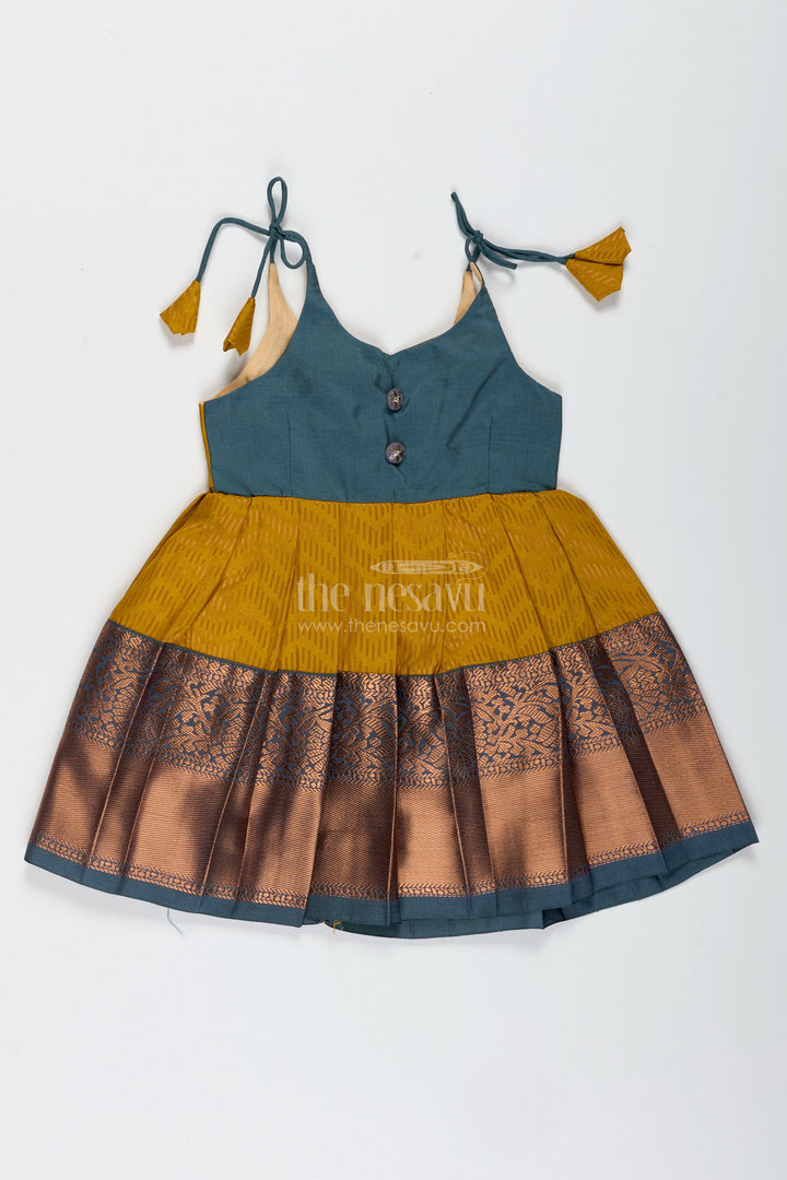Girls Mustard And Brown Tie-Up Frock In Semi Kanchipuram Silk Ethnic Festive Wear
