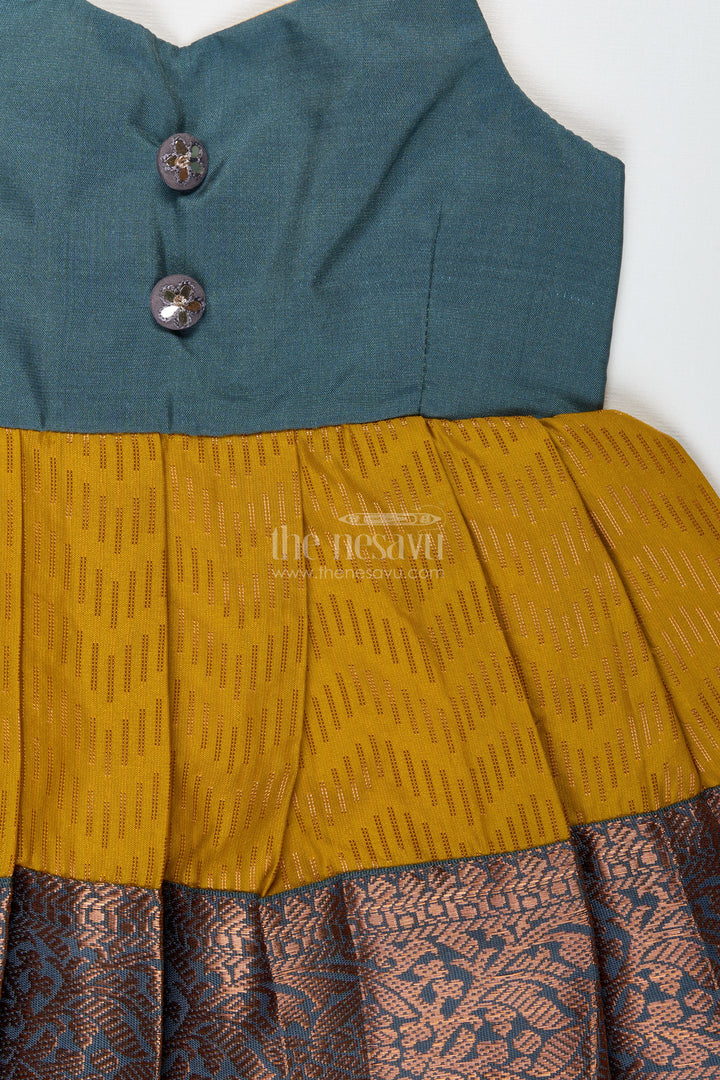 Girls Mustard And Brown Tie-Up Frock In Semi Kanchipuram Silk Ethnic Festive Wear